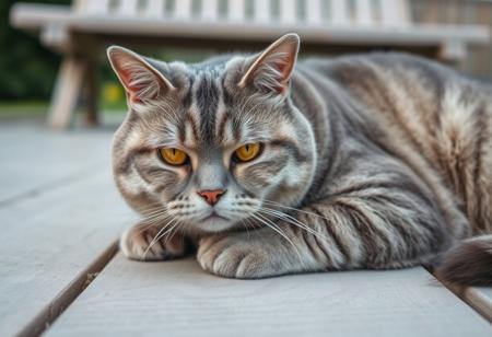 a close-up photograph of a Scottish Fold cat lying on a wooden surface, the cat is a medium-sized breed with a soft, silky coat of grey fur, characterized by vertical, horizontal stripes of varying shades of grey, its eyes are bright yellow, with a serious, focused expression, and its nose is slightly upturned, giving it a sultry appearance, its ears are small and pointed, and it has a small, pinkish-brown patch on its forehead, the background is blurred, but it appears to be an outdoor setting with greenery and a hint of a wooden structure, possibly a bench or a table, in the distance, the wooden surface is weathered and has a light gray color, with visible grain patterns, the overall mood of calm and serene, with the cat positioned slightly off-center, making it the focal point of the image, the lighting is soft and natural, enhancing the texture of the wood and the cat's fur, a close-up portrait of a cat, captured in a relaxed pose on a wooden deck. The cat's fur is a mix of gray and white stripes, with its eyes being a striking shade of amber. The background is blurred, emphasizing the cat as the main subject, and the deck appears to be made of dark wooden planks. The overall style of the image is candid and natural, capturing the essence of the cat in its environment, credit to lo_fi