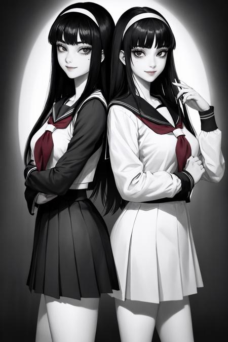 masterpiece, best quality, 2girls, standing, <lora:kawakamitomie-junjiito-richy-v1:1> tomie, hairband, blunt bangs, closed mouth, smile, looking at viewer, (mole under eye:0.7), looking at viewer, serafuku, (greyscale, monochrome:0.5), darkness, dark