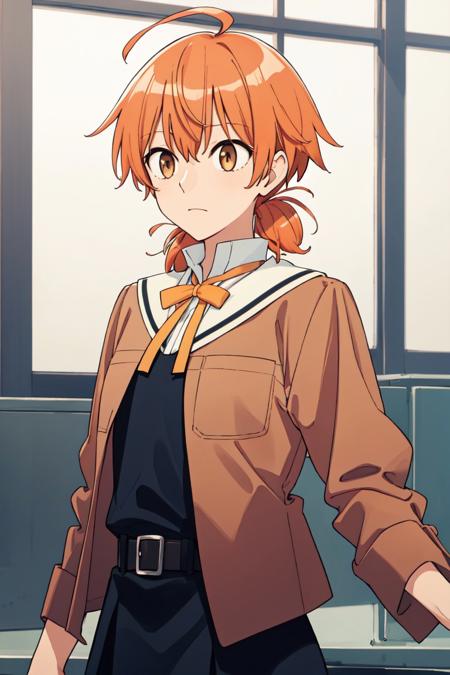 absurdres, highres, ultra detailed, solo, 1girl, upper body, <lora:やがて君になるC:1>, (brown eyes, ahoge, short twintails, low twintails, orange hair:1.4), flat chest, small breasts, BREAK school uniform, white sailor collar, BREAK brown jacket, brown sleeves, BREAK yellow bow, yellow ribbon, BREAK black shirt, black skirt, belt,