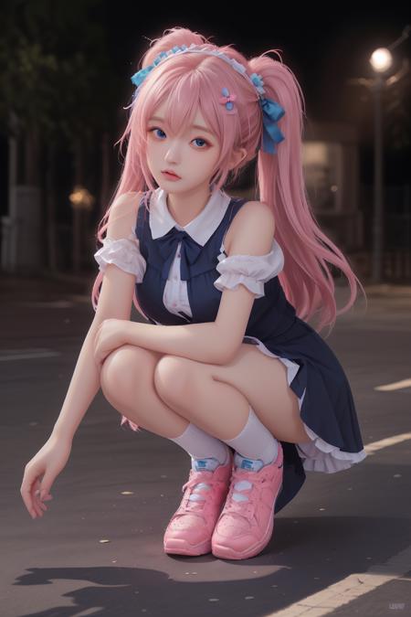 1girl, solo, long hair, squatting, pink hair, blue eyes, looking at viewer, socks, dress, shoes, lips, pink footwear, hairband