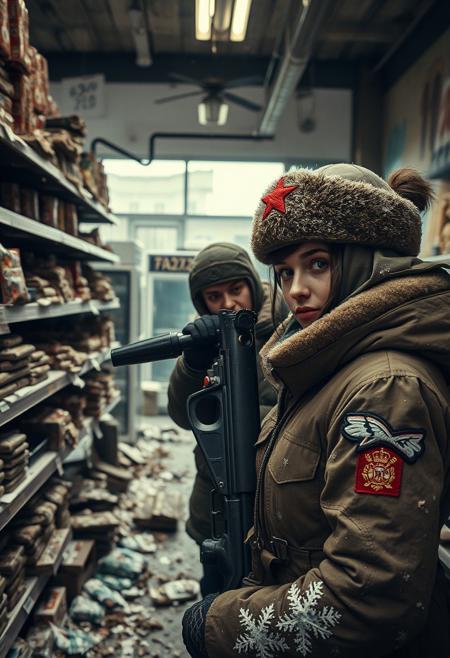 Post-Apocalyptic scene, looted grocery store, smashed shelves, food packaging littered, broken refrigerators, desperate graffiti Russian Female Sniper, Post-Apocalyptic Moscow, Female sniper, Russian Army Uniform, Tattered Snow-patterned Parka, Ushanka, red star insignia, Ponytail Haircut, ruined Moscow, snow-covered ruins, cold colors Focusing on Cinematic Storytelling Cinematic storytelling, Robert Capa photography, Masterful, Iconic, Detailed, Authentic, Close-up proximity, Emotional depth, Post-apocalyptic setting, Muted color palette, Warm beige tones, Soft light, High contrast, Authentic, Lifelike scenario, Detailed, Emotional, Historical accuracy, Immersive, Lifelike, Emotional, Authentic, Emotional close-ups, Cinematic lighting __4PAW__ . Fantasy, retro visual style, with a focus on vintage illustrations, muted colors, and a blend of fantasy and nostalgic elements, featuring a masterful use of composition, and a subtle use of texture and pattern to create a sense of nostalgia and retro charm, inspired by the works of Norman Rockwell and the retro paintings of Andrew Wyeth. The illustrations are imbued with a sense of nostalgia, evoking memories of a bygone era, with warm colors and gentle textures that invite the viewer to step into a different time and place