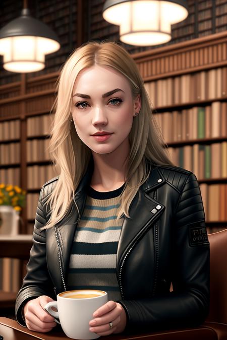 photo of (str4h0vski), a woman in a (leather jacket:1.2), (wearing a striped sweater:1.2), modelshoot style, (extremely detailed CG unity 8k wallpaper), photo of the most beautiful artwork in the world, professional majestic oil painting by Ed Blinkey, Atey Ghailan, Studio Ghibli, by Jeremy Mann, Greg Manchess, Antonio Moro, trending on ArtStation, trending on CGSociety, Intricate, High Detail, Sharp focus, dramatic, photorealistic painting art by midjourney and greg rutkowski, (holding 1 cup of coffee:1.1), (sitting on a chair:1.2), (in a library:1.3), (looking at viewer), (detailed pupils:1.3)