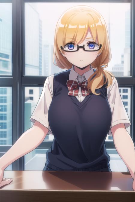 emilythomas, <lora:emily thomas anime s1-lora-nochekaiser:1>,
emily thomas, long hair, blue eyes, blonde hair, glasses, semi-rimless eyewear, black-framed eyewear, under-rim eyewear,
BREAK shirt, bow, school uniform, white shirt, short sleeves, bowtie, sweater vest,
BREAK indoors, classroom,
BREAK looking at viewer,
BREAK <lyco:GoodHands-beta2:1>, (masterpiece:1.2), best quality, high resolution, unity 8k wallpaper, (illustration:0.8), (beautiful detailed eyes:1.6), extremely detailed face, perfect lighting, extremely detailed CG, (perfect hands, perfect anatomy),