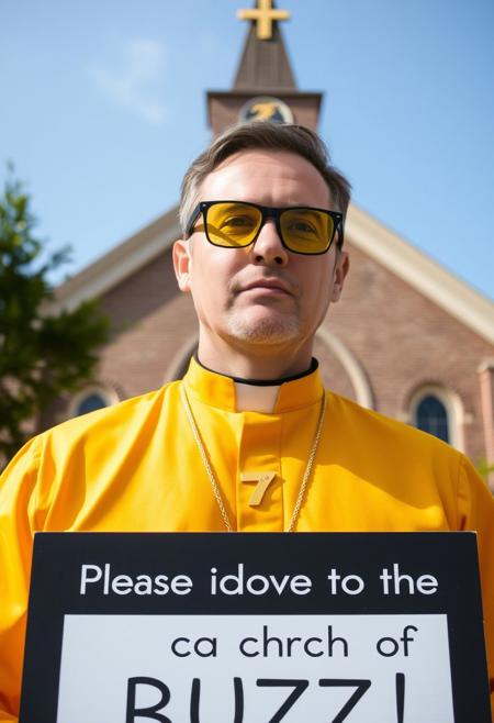 Man wearing yellow tinted glasses and a yellow priest uniform in front of church like building which has a gold lightning bolt symbol on its spire roof, he is wearing golden lightning bolt symbol necklace prominently visible, he is holding sign with text "Please donate to the church of BUZZ!"