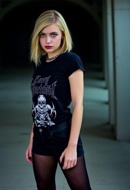 woman, blonde bobcut hair, parted half hair, green and blue eyes, eyeliner, gothic, wearing black heavy metal band t-shirt and black denim hotpants, black pantyhose, slender body, long legs, standing,