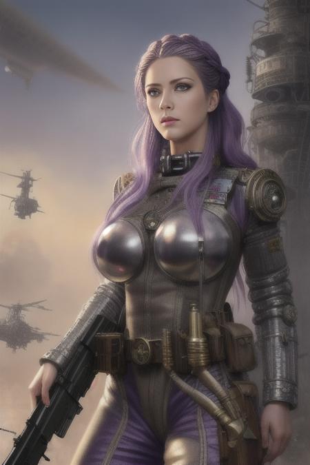 Highly detailed, best quality, masterpiece, official art, highres, absurdres, official art, detailed,  cinematic, (mature female), violet braided,  mature female, detailed face, detailed eyes, medium breasts, big hips, big thighs,  mecha pilot uniform,holding a single m16 rifle in hands,detailed lips, detailed steampunk city with airship in background