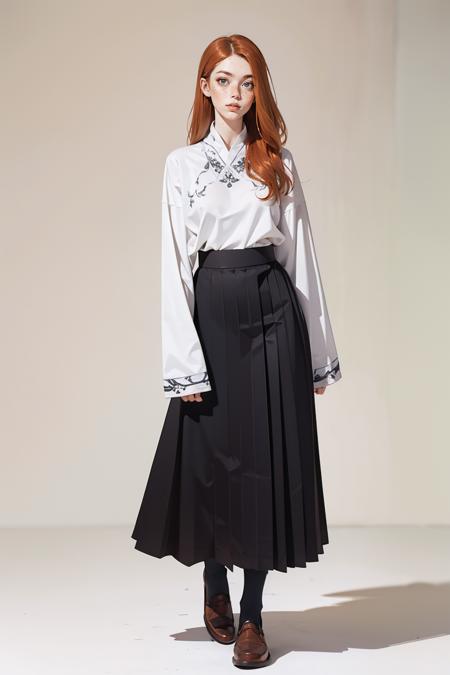m1ngstyl3d, skirt, long sleeves, standing, white shirt, black skirt, sleeves past wrists,