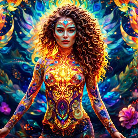 A digital artwork, stylized by Adriaen van Utrecht, portraying a fierce woman standing tall, her full body gracefully captured in intricate detail. Her long, curly hair cascades around her face, and her glowing gray eyes gaze powerfully out into the world below. Her form is adorned with elaborate patterns and symbols that weave a story of her life, creating a mesmerizing tapestry across her entire figure. The composition is rich in texture and depth, with realistic, detailed rendering and a harmonious blend of psychedelic chaos. Vivid, exquisite colors infuse the scene with magic and atmosphere, while fine details and sharp focus bring the work to life. The piece is a striking blend of artistic precision and surreal energy, presented in high resolution (4K and 8K), exuding both a fantastical and deeply emotional aura