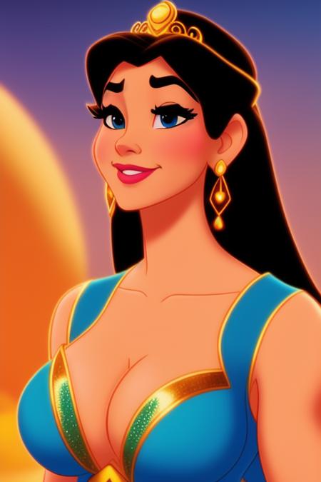 nude portrait , jasmine from aladdin 1992 movie, disney artwork, cartoon, disney style high quality, good artist , looking to the camera, jasmine aladdin tiara, porn, nfsw, nude, concept art, arabesque, high details face, high details boobs, good anatomy