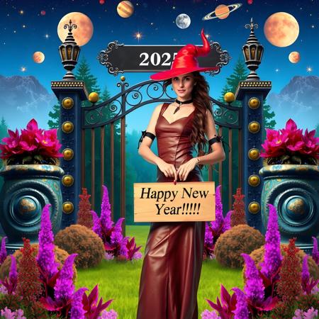 mysterious beautiful witch wearing red leather clothes holding a wooden sign where is written on "Happy New Year!!!", standing in front of a omega formed gate where above on a plate it is printed "2025". in the background is an enchanted colorful forest with marvelous flowers plants, At the sky are planets