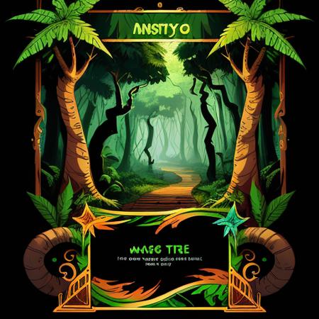 bct2, green colour, forest and jungle style, cartoon style, card that looks like a tree, title banner at the top, text space in the middle, black illustration frame, text box with static, best quality, masterpiece <lora:bct2_basic:1.5> <lora:add_detail:0.0>