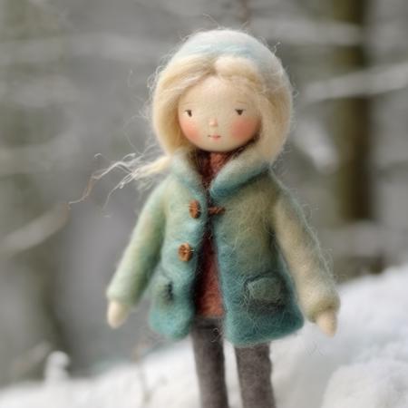 felted doll, 1 girl, jacket,blonde hair, snow