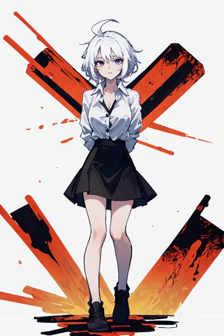 ((masterpiece, best quality)), (1girl), (solo), (female focus), (ahoge, white hair, short hair), black eyes, ((white shirt), (buttoned shirt)), ((black skirt), (short skirt)), standing, white background, arms behind back