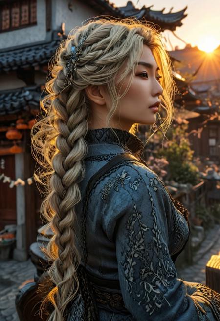 A Yakuza ronin villainess with light beige hair, featuring a messy fishtail braid, is depicted in this captivating video game scene. She has Caucasian features, small breasts, and a slim figure, adorned with fishnets. The setting sun casts a warm glow upon the scene, which takes place in the picturesque Shire during springtime.
Her bombshell hair is styled with slate gray hues and black highlights, cascading elegantly down her back. The villainess strikes a pigeon pose, showcasing her agility and allure. In addition to her striking appearance, she is armed with lethal shuriken, adding an eerie and dangerous element to the scene.
