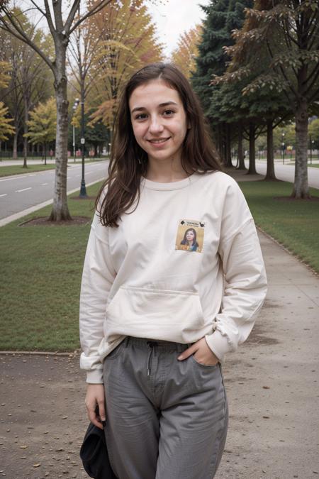 close portrait of  j1llian_n0texist wearing pants and a baggy plain sweatshirt, walking through the park, smiling