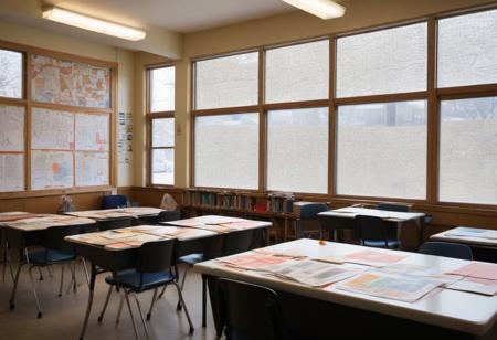 The classroom buzzes with a lively energy as students settle into their seats. Sunlight streams through large windows, illuminating the colorful posters and maps adorning the walls. Rows of neatly arranged desks provide a sense of order amidst the cheerful chaos of chatter and laughter.
- At the front of the room, a large whiteboard displays the day's lesson, its surface marked with intricate diagrams and notes. The air is filled with the rustling of papers, the clicking of pens, and the murmur of whispered conversations.