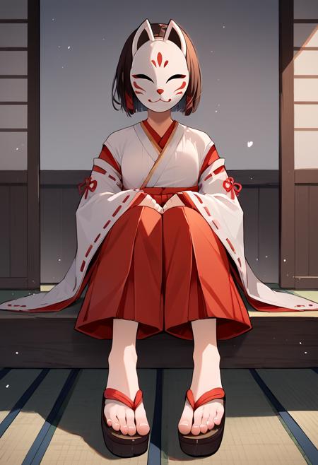 kazari, mask, fox mask, covered face, faceless, short hair, brown hair, miko, japanese clothes, hakama, wide sleeves, sleeves past wrists, red hakama youko, child, mask, black fox mask, covered face, faceless, short hair, black hair, japanese clothes, kimono, sash, purple kimono, floral print, short kimono, obi, print kimono tsumi, mask, blue hair, dark blue hair, short hair, snake mask, covered face, faceless, japanese clothes, miko, kimono, hakama, blue hakama, wide sleeves, sleeves past wrists