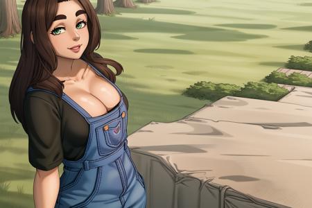 <lora:Shelter:.6>, sheltergame, masterpiece, best quality, 1girl, solo, long hair, breasts, looking at viewer, smile, large breasts, brown hair, shirt, cleavage, green eyes, collarbone, upper body, lips, black shirt, thick eyebrows, overalls, blue overalls,