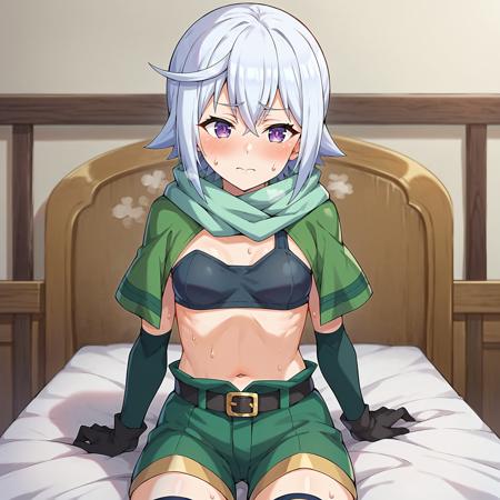 chris, short hair, white hair, scar, purple eyes  cropped jacket, green jacket, gloves, navel,green shorts, belt, scarf, asymmetry tops, white thighhighs, boots
