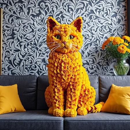 cat made of marigold flower, best quality, indoor, beautiful background, vase, flower, couch, wall decoration, detailed image, 4k, 8k