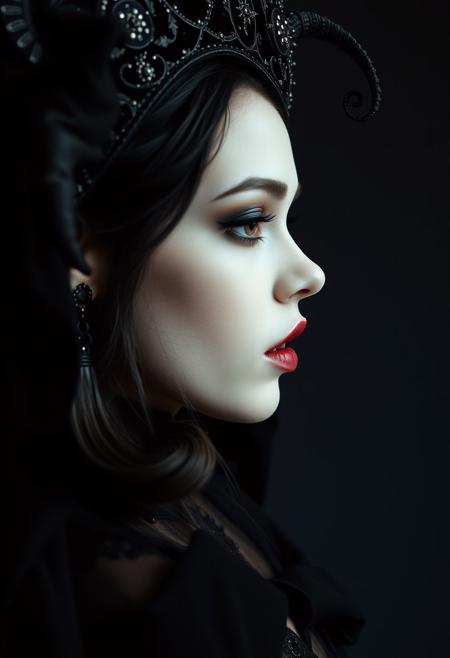 Close Up shot, Side view of a dark princess, pale sking, pale lips, vampire fangs, standing pose, in the style of infernal fasion, otherworldly beauty, infernalpunk, queencore, ornamented age aesthetics, coal and black, photography studio style