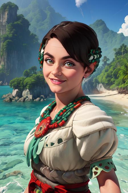 Alva, short brown hair,  brown eyes
green jewelry,  short puffy sleeves,   white and green dress, shorts,  headpiece,  sandals,  red sash, 
upper body,  solo,  standing,  smile, 
tropical forest, beach, village, 
(insanely detailed, beautiful detailed face,beautiful detailed eyes, masterpiece, best quality) <lora:Alva:0.8>