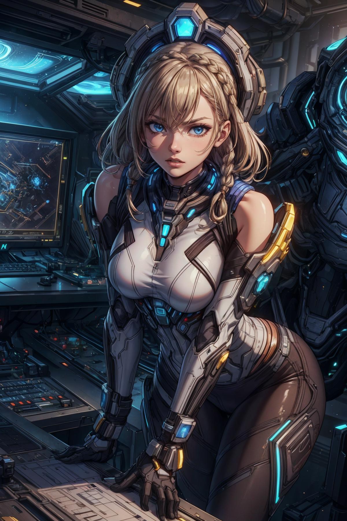 Anime-style girl with blue eyes and pigtails posing in a futuristic setting.