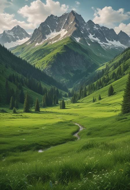 masterpiece, photorealistic, a vast green mountain valley, dotted with trees, tall grass, tall snowcapped mountains