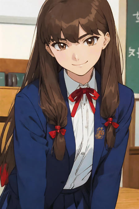 sanada_mitsuki, brown eyes, brown hair, long hair, hair ornament,, hair bobbles, school uniform, dark blue blazer, red neck ribbon, shirt, collared shirt, dark blue pleated skirt,, smile,