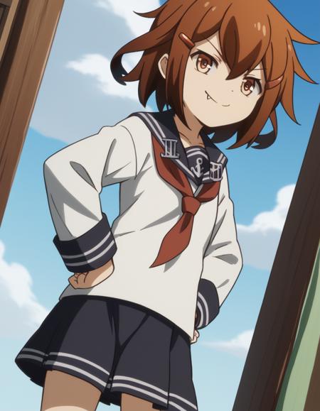 ikazuchi, short hair, brown hair, hair ornament, brown eyes, hairclip, fang, ikazuchi (kancolle) skirt, school uniform, serafuku, neckerchief,