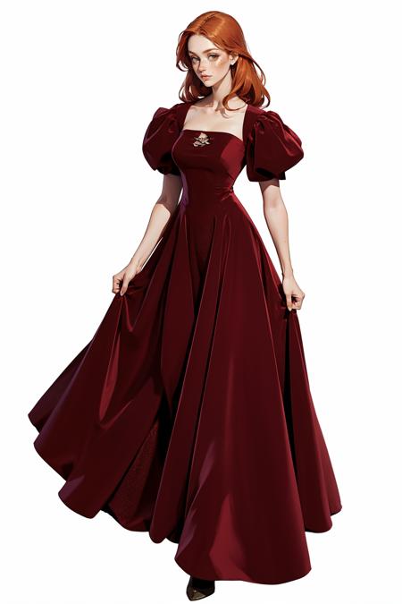 r3dv3lp3arl, red velvet dress, long dress, short puffy sleeves, from behind, pearls, back cutout,