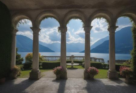 A view of Lake Como from an old Italian villa with columns and arches, flowers in white on each side of the arched doorways, the dramatic and cloudy sky with sun rays shining through, mountains visible across the water,