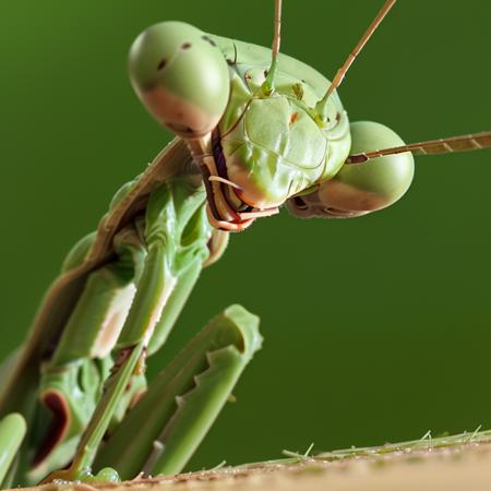 a mantis crawls on a blade of grass <lora:mantis-head:1.00>