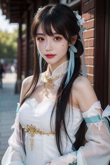 suwen, 1girl, solo, cosplay, hanfu,chinese clothes, necklace,  bare shoulders, detached sleeves, long sleeves, detached collar,shoes,  hair ornament, hair ribbon, hair flower,  jewelry,  long hair, brown hair, bangs,