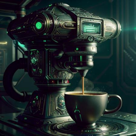 masterpiece, sci fi, an espresso machine, <lora:PrecursorTech-20:0.9>, precursortech , scifi, geometrical steel, pouring espresso into a fancy coffee cup, steampunk,, glow effects, godrays, Hand drawn, render, 8k, octane render, cinema 4d, blender, dark, atmospheric 4k ultra detailed, cinematic, Sharp focus, big depth of field, Masterpiece, colors, 3d octane render, 4k, concept art, trending on artstation, hyperrealistic, Vivid colors, extremely detailed CG unity 8k wallpaper, trending on CGSociety, Intricate, High Detail, dramatic
