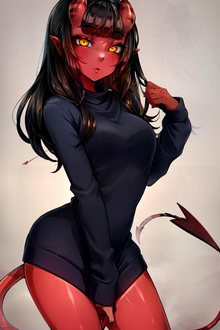 <lora:meruccubus-10:1>meruccubus, yellow eyes, red oni, simple background, long hair, mole under eye, red horns, oni horns, pointy ears, looking at viewer, skin-covered horns, medium breasts, tail, solo, demon girl, demon tail, 1girl, colored skin, freckles,black hair, red skin , ribbed sweater , buruma