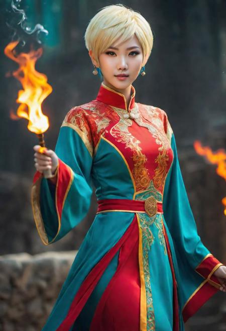 full body photoshot of exceptionally beautiful thin asian woman fire mage,  (high-collar dress:3), short yellow hair, (full body), (slim body:1.5), (red clothes:2), (foxy features), masterpiece, intricate, patterns, emerald, (blue eyes:1.5), vibrant gaze, staff or scepter, sparks, (firestorm:1.5), intricate fire patterns,,, breathtaking, ultra detailed, stunning environment, fantasy maze, epic background,,,   (intricate textures:2), RAW candid cinema, 16mm, color graded portra 400 film, remarkable color, ultra realistic, textured skin, remarkable detailed pupils, realistic dull skin noise, visible skin detail, skin fuzz, dry skin, shot with cinematic camera