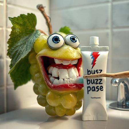 Hyper realistic grape with eyes and mouth, big teeth, about to brush teeth but the bottle of toothpaste is over. It's written‘buzz paste’on toothpaste bottle with a sign if thunder in it. focus on right words and keep the beautiful bathroom environment.