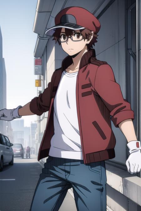 red blood cell AA2153, brown hair, (brown eyes:1.5), male focus, glasses, ahoge, shirt, gloves, hat, jacket, pants, white gloves, red headwear, red jacket,