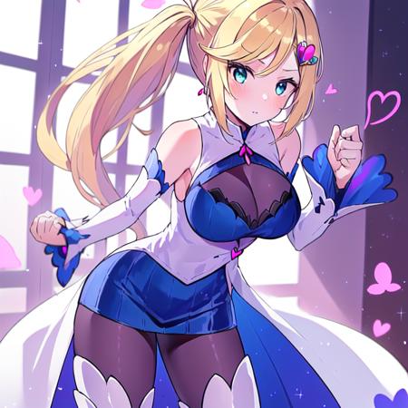 <lora:Minerva:0.6>, Minerva, 1girl, solo, blue eyes, large breasts, long hair, blonde hair, side ponytail. heart hair ornament, two-tone blue and white sleeveless dress, white detached sleeves past wrists, white thigh boots, cleavage_window, thigh_window,