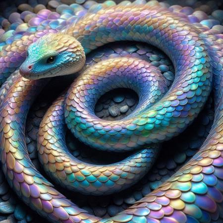 p1nk1r1sc4l3s, a snake made out of iridescent scales, masterpiece, best quality, highly detailed, sharp focus, dynamic lighting