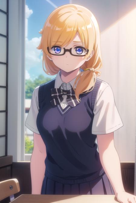 emilythomas, <lora:emily thomas anime s1-lora-nochekaiser:1>,
emily thomas, long hair, blue eyes, blonde hair, glasses, semi-rimless eyewear, black-framed eyewear, under-rim eyewear,
BREAK shirt, bow, school uniform, white shirt, short sleeves, bowtie, sweater vest,
BREAK indoors, classroom,
BREAK looking at viewer,
BREAK <lyco:GoodHands-beta2:1>, (masterpiece:1.2), best quality, high resolution, unity 8k wallpaper, (illustration:0.8), (beautiful detailed eyes:1.6), extremely detailed face, perfect lighting, extremely detailed CG, (perfect hands, perfect anatomy),