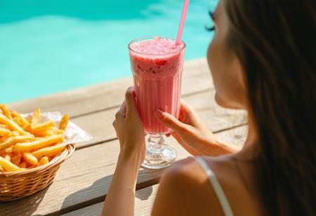 Intimate low-angle POV: mischievous woman offers vibrant strawberry milkshake, condensation-beaded glass prominently held. Golden fries basket nearby. Secluded sun-dappled alcove under towering palm shadow, distant blurred turquoise pool. Cinematic golden hour lighting, Emmanuel Lubezki style; shallow depth of field, crisp focus: milkshake, glistening condensation. Warm sun-kissed palette: vibrant pink, golden-brown, lush green, distant turquoise. Dappled sunlight, subtle lens flare, waxy palm fronds. Atmosphere of playful conspiracy, relaxed intimacy. Subtle heat haze, glistening water droplets on skin. A shared secret moment.