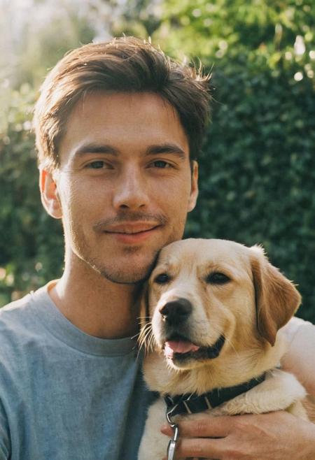cinematic film still fashion photography portrait of 1man with dog as companion, headshot, sunlight , Fine Art & Beauty Photography – ,,light diffraction in frame, dreamy,hazy look.  Helios 44-2 lens mounted on a Praktica MTL 5B Helios 44M-4 lens, 58mm f/2,   in a garden. authentic happy smile