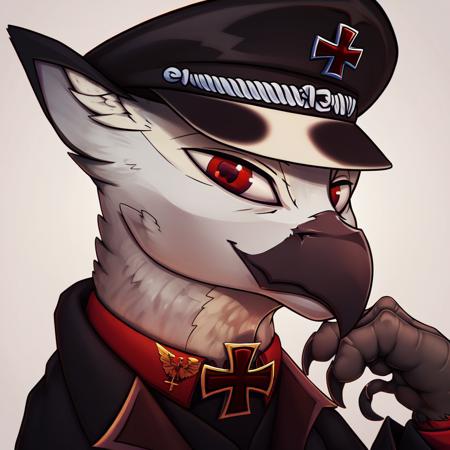 masterpiece, score_9_up, score_8_up, score_7_up, score_6_up, (best quality:1.1), ultra-detailed, high resolution, 1character, solo, Ferdinand Dawnclaw, griffon, albino, avian, feral, male, (((beautiful detailed red eyes))), looking at the viewer, white hair, fluff in ears, black beak, closed mouth, smile, white feathers, black talons, wings, portrait, military, black military uniform, iron cross, peaked cap, detailed facial features, portrait, expressiveh, simple background, highly visible, sharp focus, anatomically correct