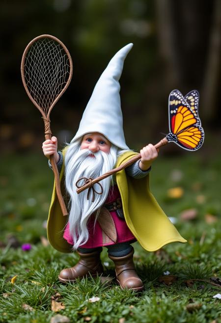 Short dwarf wizard, white cone hat, lime green cape, wielding butterfly net