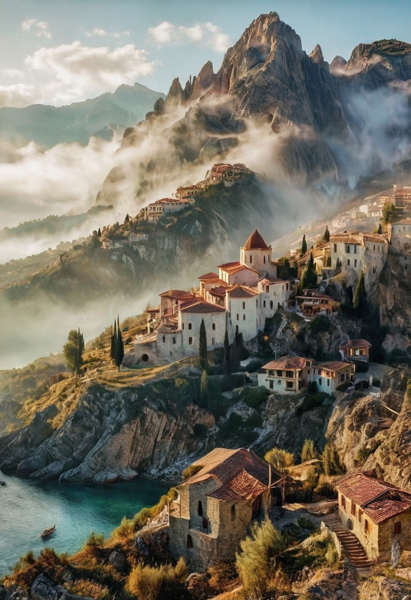 their peaks veiled in mist. mixed media, surrealism, great lighting, A surreal landscape highly detailed . extremely high-resolution details, appears trapped in an optical illusion of reflections and refractions colorful , mountains and village in Ancient Greece , professional photography, natural lighting, volumetric lighting maximalist. intricately detailed, complex, elegant, expansive, fantastical, film photography style, medium grain