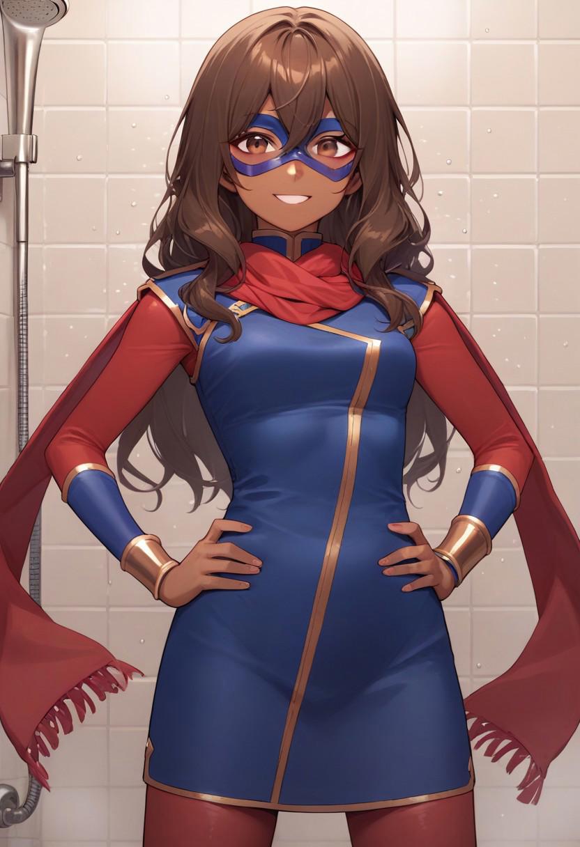 score_9, score_8_up, source_anime, bathroom, shower stall, Expressiveh,
1girl, kamalakhan, brown hair, long hair, brown eyes, dark skin, mask,
red scarf, blue short dress, red bodysuit, red pantyhose, bracers,
hands on hips, smile, looking at viewer,  solo,     <lora:KamalaKhanXL-000012:1>