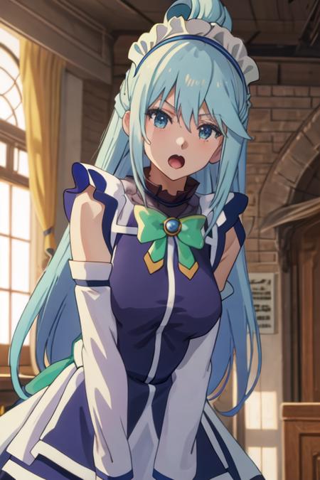 best quality, masterpiece, highres, solo, {maid:1.40}, {long maid dress:1.15}, {aqua_konosuba:1.15}, long_hair, blue_hair, hair_ornament, hair_rings, blue_eyes, open_mouth, bow, green_bow, single_hair_ring