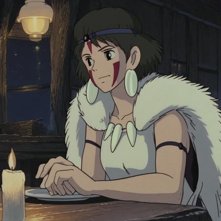 closeup image in gg artstyle of s with r hairstyle wearing w outfit with fur coat, sitting at a table in a dark room at night, face lit by candle light